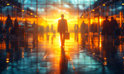 Silhouette of business man walking in the airport at sunset. - 762931887