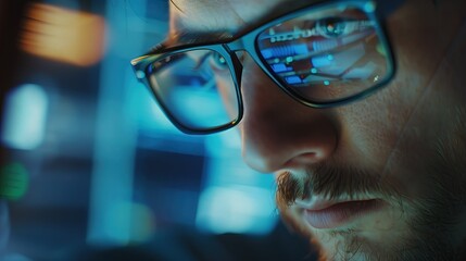 Digital Reflections, glasses, man, face, screen, focused, gaze, glow, technology, data, close-up, complex, blue, light, eyes, beard, serious, concentration, tech, computer, coding, analysis, work