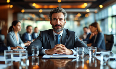Portrait of confident businessman sitting at table in conference room during meeting. - obrazy, fototapety, plakaty