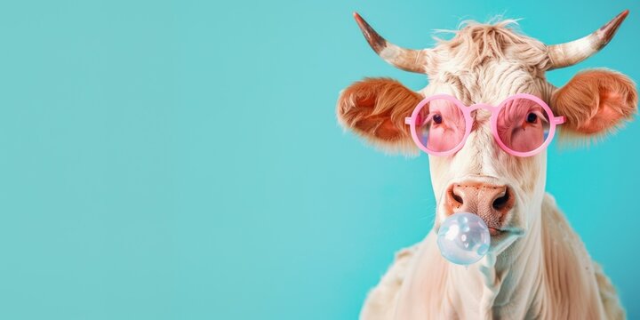 Funny Cow with Bubble Gum and Sunglasses Bringing Joy on Blue Background in a Colorful Meadow Under the Bright Sunshine, Perfect for Adding a Playful Touch to Your Designs or Projects.