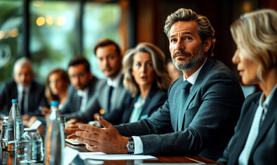 Business people sitting at a table in a conference room and listening to a presentation. - 762932281