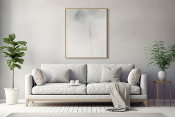 Mockup frame in Scandinavian living room interior with grey sofa, table and decor - obrazy, fototapety, plakaty