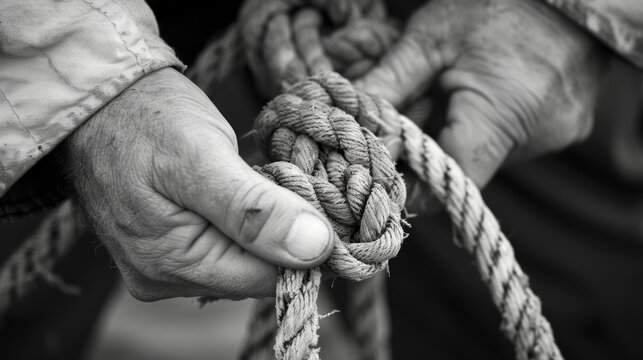 A black and white photograph capturing the hands of a seasoned sailor skillfully tying a simple yet elegant knot a testament to the timehonored tradition and dedication to