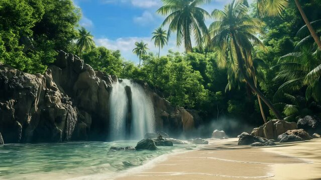 waterfall in tropical jungle. seamless looping 4k animation video background 