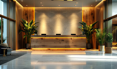 Interior of modern hotel lobby with wooden reception desk. - 762932426