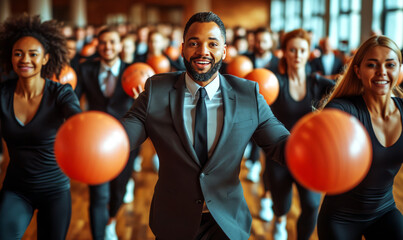 Group of happy african American business people exercising with fitness ball in gym. - 762932432