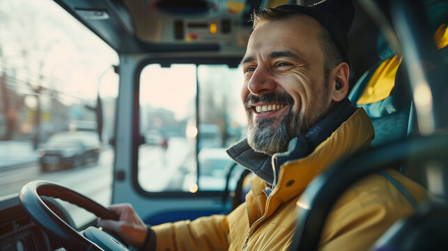 Joyful senior bus driver steering vehicle with a smile.
