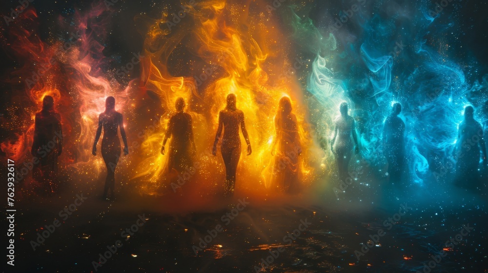 Poster a group of individuals standing in a circle holding hands and each emanating a different colored lig