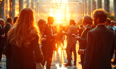 Group of business people walking in the city at sunset. Business concept. - 762932636