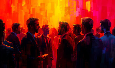 Silhouettes of a group of business people in front of a colorful background. - 762932638