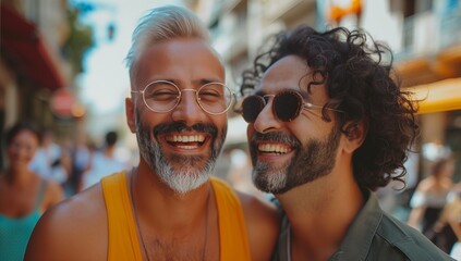 Two joyful men with trendy sunglasses sharing a friendly embrace on a lively street, concept of friendship and modern lifestyle