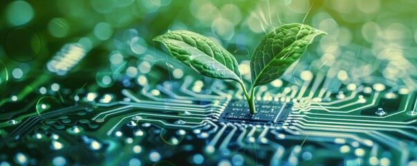 Green leaves sprout from a circuit board