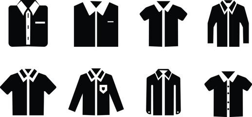 Dress shirt icon set, Folded Uniform or Shirt in Glyph Icon, Shirt icon, T-Shirt with long sleeves symbol, Folded shirt thin. White classic shirts editable vector isolated on transparent background.