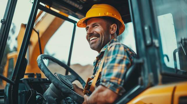 Excavator Operator in Orange Hard Hat Enjoying Work.