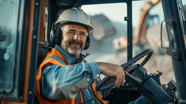 Excavator Operator in Orange Hard Hat Enjoying Work.