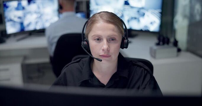 Emergency, call center and woman on computer for support, first responder and customer service. Telecommunication, surveillance office and person with headset for security, helpline and contact