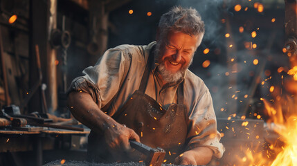 Craftsman Enjoying the Art of Metalworking at His Forge.
