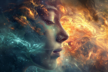 Title: Cosmic Contemplation: Woman's profile against a backdrop of celestial fire and ice

