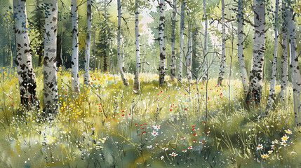 Spring birch tree painting. Art and nature. Summertime concept.