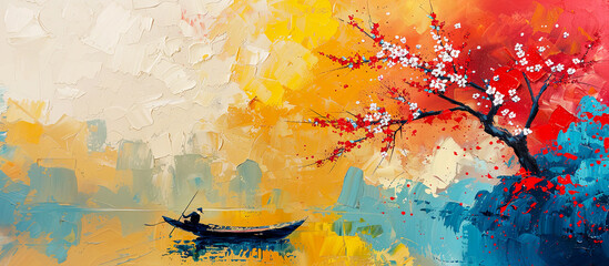 Landscape with a tree and a boat on water. Oil paiting - obrazy, fototapety, plakaty
