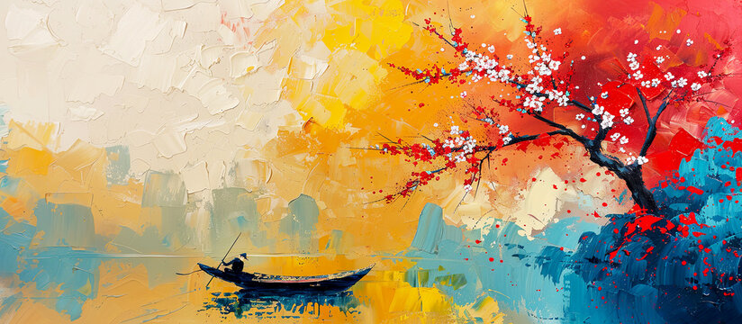 Landscape with a tree and a boat on water. Oil paiting