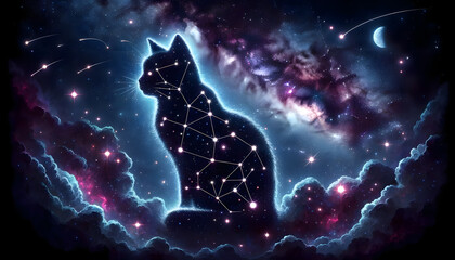 a digital artwork visualizing the 'Cosmic Conundrum of the Cat Constellation'. This captivating night sky scene presents a constellation that outlines the form of a cat