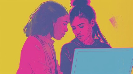 A pair of students sharing a laptop heads close together as they edit and critique each others written work for a group assignment. - obrazy, fototapety, plakaty