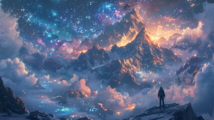 A person standing on a mountaintop gazing up at the night sky and feeling small yet connected to the vastness of the universe and its endless wisdom.