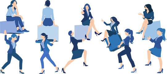 荷物を持ち上げる女性と荷物の上に乗る女性のイラスト