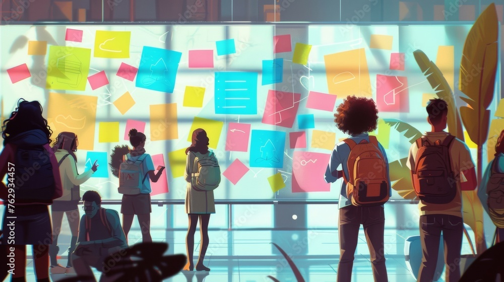 Poster a group of students in a brainstorming session with sticky notes and diagrams covering a large white