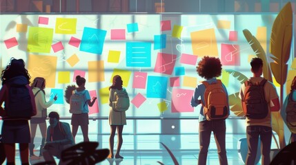A group of students in a brainstorming session with sticky notes and diagrams covering a large whiteboard. - obrazy, fototapety, plakaty