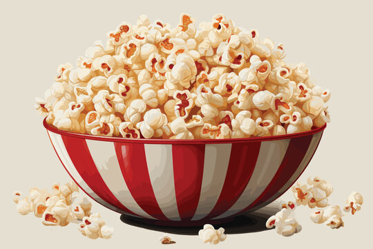 Isolated popcorn in a striped bucket on white background.