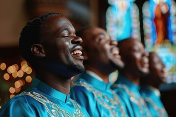 African American Gospel Church Choir Men Singing Joyfully with Passion and Spirituality, Traditional Spiritual Music Performance, Christian Worship Service, Diverse Religious Community Celebration