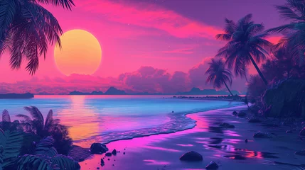 Fototapeten Retrowave Scape with Sunset and Palm Silhouettes. © vlntn