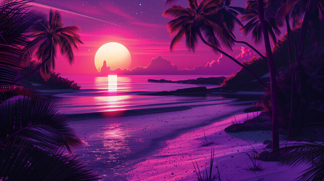 Retrowave Scape with Sunset and Palm Silhouettes.