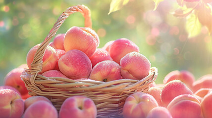 Basket of peaches in the garden at sunset.
