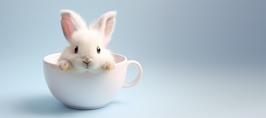 Cute little bunny sitting in teacup. Rabbit in a cup on light blue background. Spring mourning. Happy Easter concept for greeting card, banner, poster