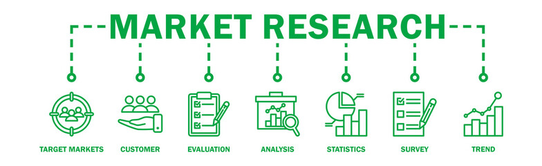 Market research banner web icon vector illustration concept with icon of target markets, customer,...