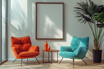 Mockup of blank frame in vivid modern interior, living room with vibrant colors furniture - blue and orange armchairs and coffee table, green potted houseplants, AI generated