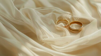 Wedding rings on white satin fabric, Wedding day gift concept.