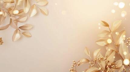 Flowers composition. Golden leaves on pastel background. Flat lay, top view, copy space for wedding invitation.