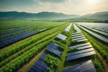 solar panel generation with green farming. Alternative source of electricity. Solar farm. - obrazy, fototapety, plakaty