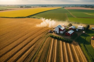 Large farmland with tractor and house top view