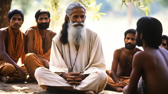 Old Indian guru surrounded by his disciples