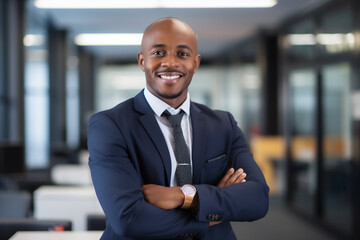 Fototapeta premium Business man portrait. African american, young, handsome, happy man wearing suit standing in modern office. Smiling male manager looking at camera in workplace.