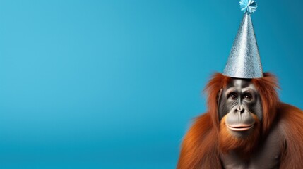 Funny orangutan with birthday party hat on blue background.