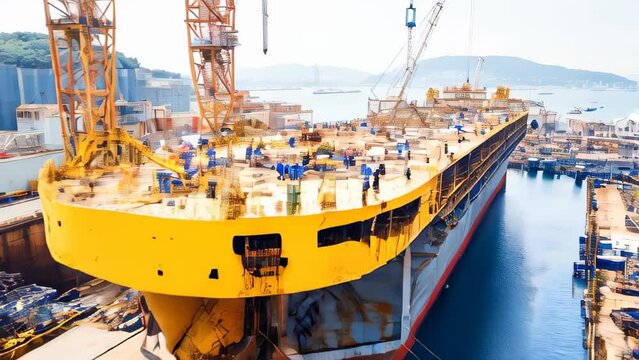 Big ship under construction in shipyard with shipyard workers around