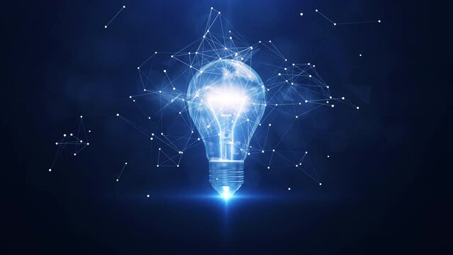Electric light bulb bright polygonal connections on a dark blue background. Technology concept innovation artificial intelligence brainstorming business success.