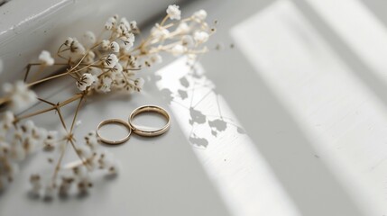 wedding rings and gypsophila flowers on white background. Perfect for wedding invitations and greeting cards.
