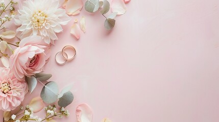 Wedding background. Wedding rings, flowers, eucalyptus on pink background. Flat lay, top view, copy space.